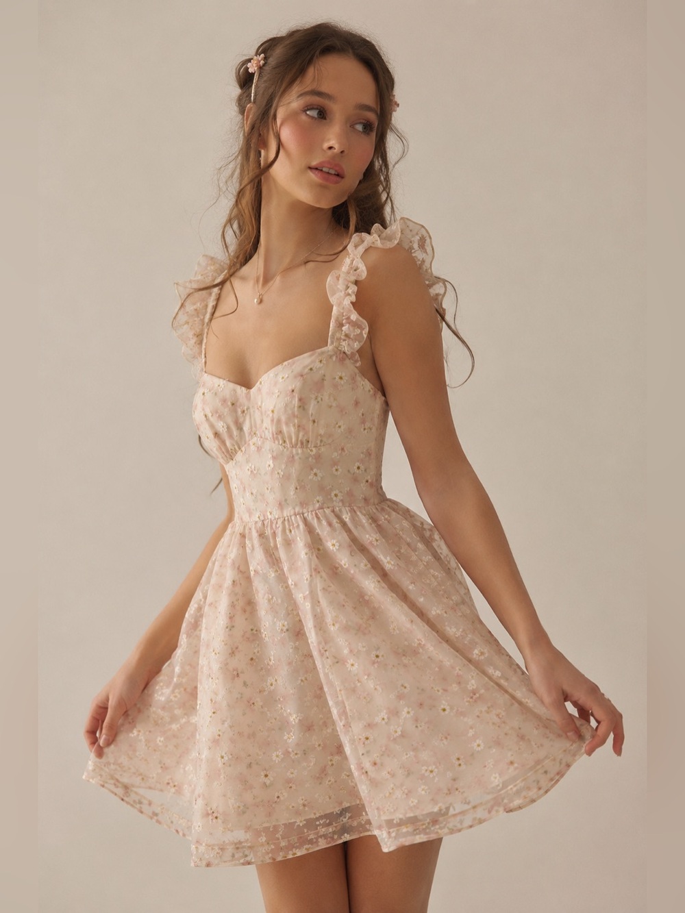 Kestan Floral Babydoll Mini Dress L Sheer Ruffle Straps Cottagecore Coquette